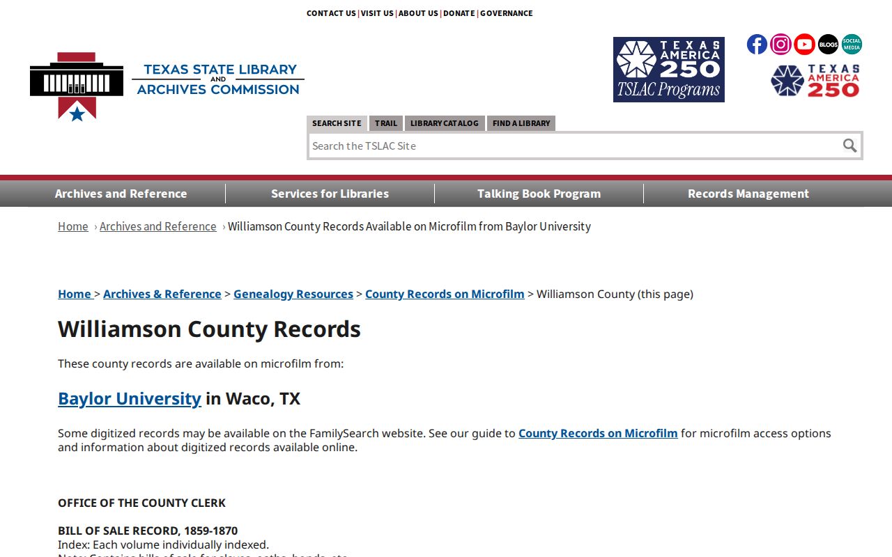 Brushy Creek previous residents archive route at Texas State Library records