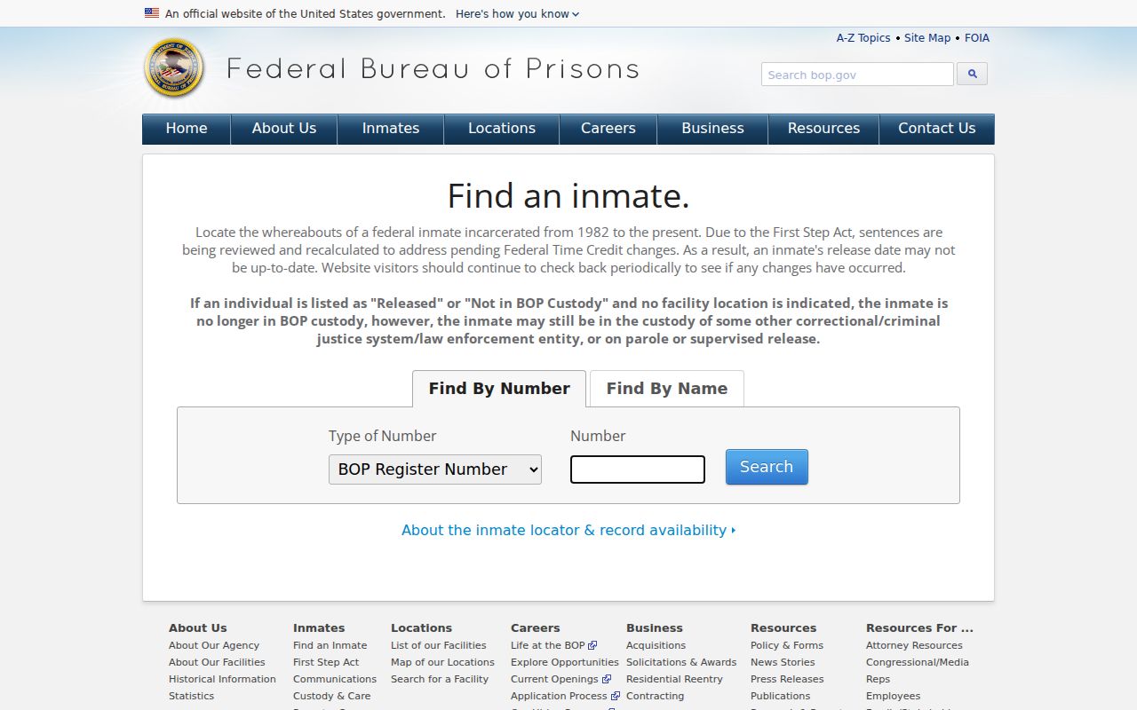 Brushy Creek resident lookup showing the Federal Inmate Locator search page