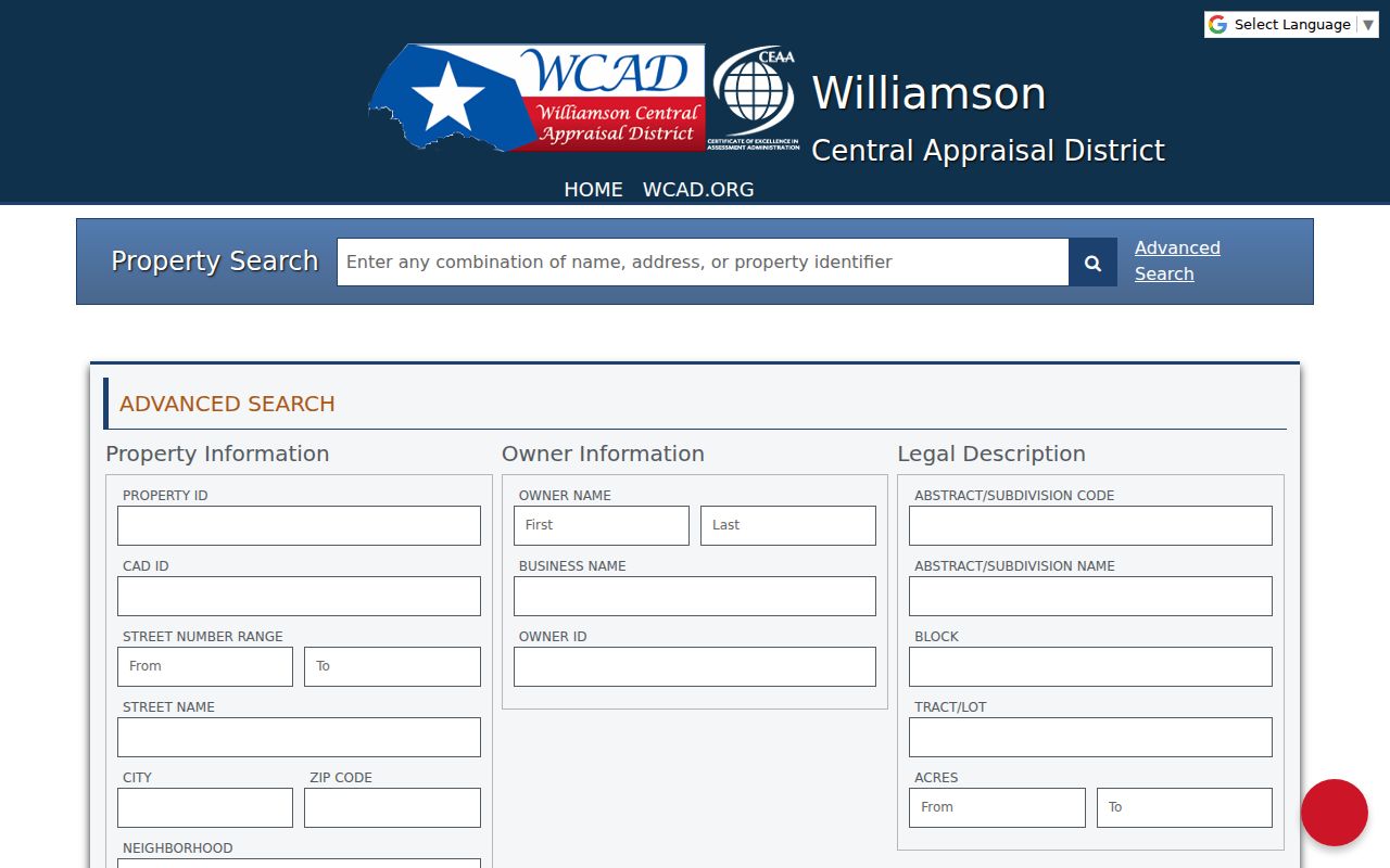 Brushy Creek street directory WCAD Advanced Search fields